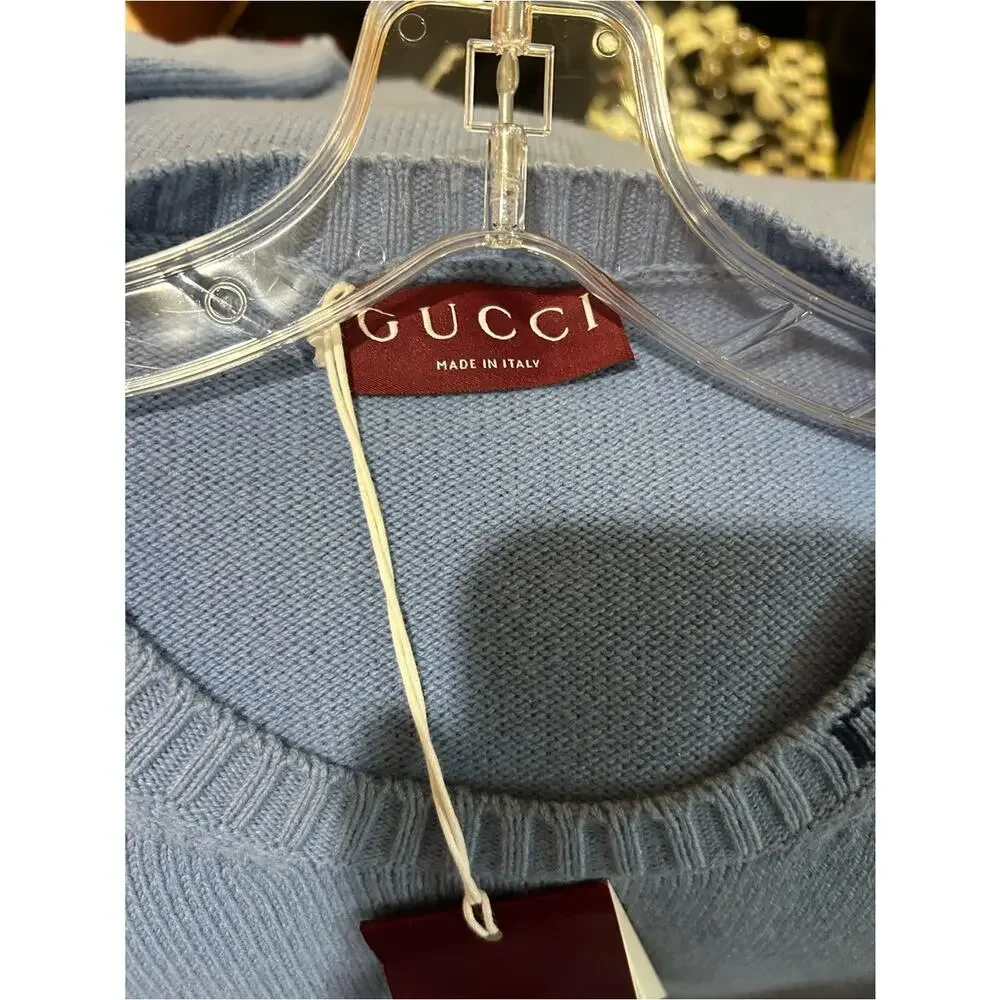 Men's Gucci Light Blue Men's felted wool knit Crewneck Sweater size XXXL Italy